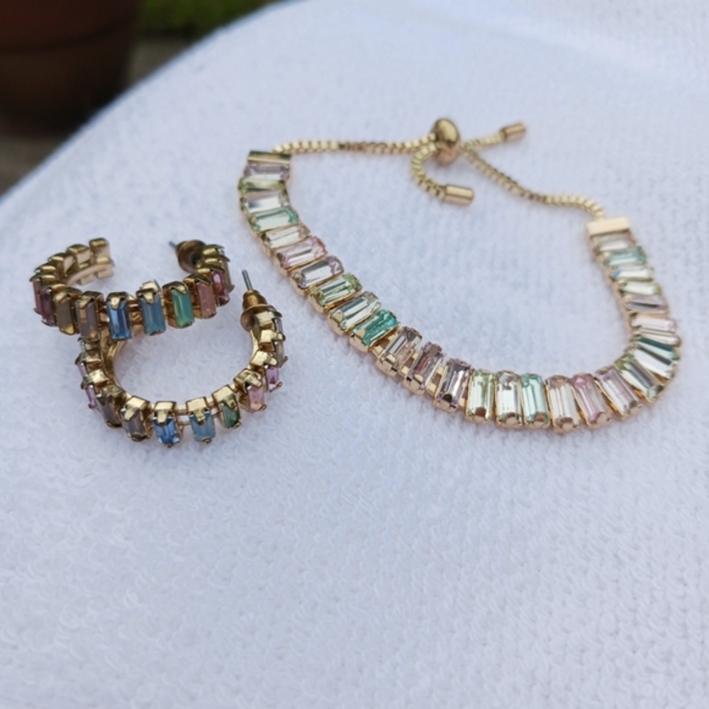 Vintage Glass Bead Earrings & Tennis Bracelet Multicolored Adjustable Pull Tie